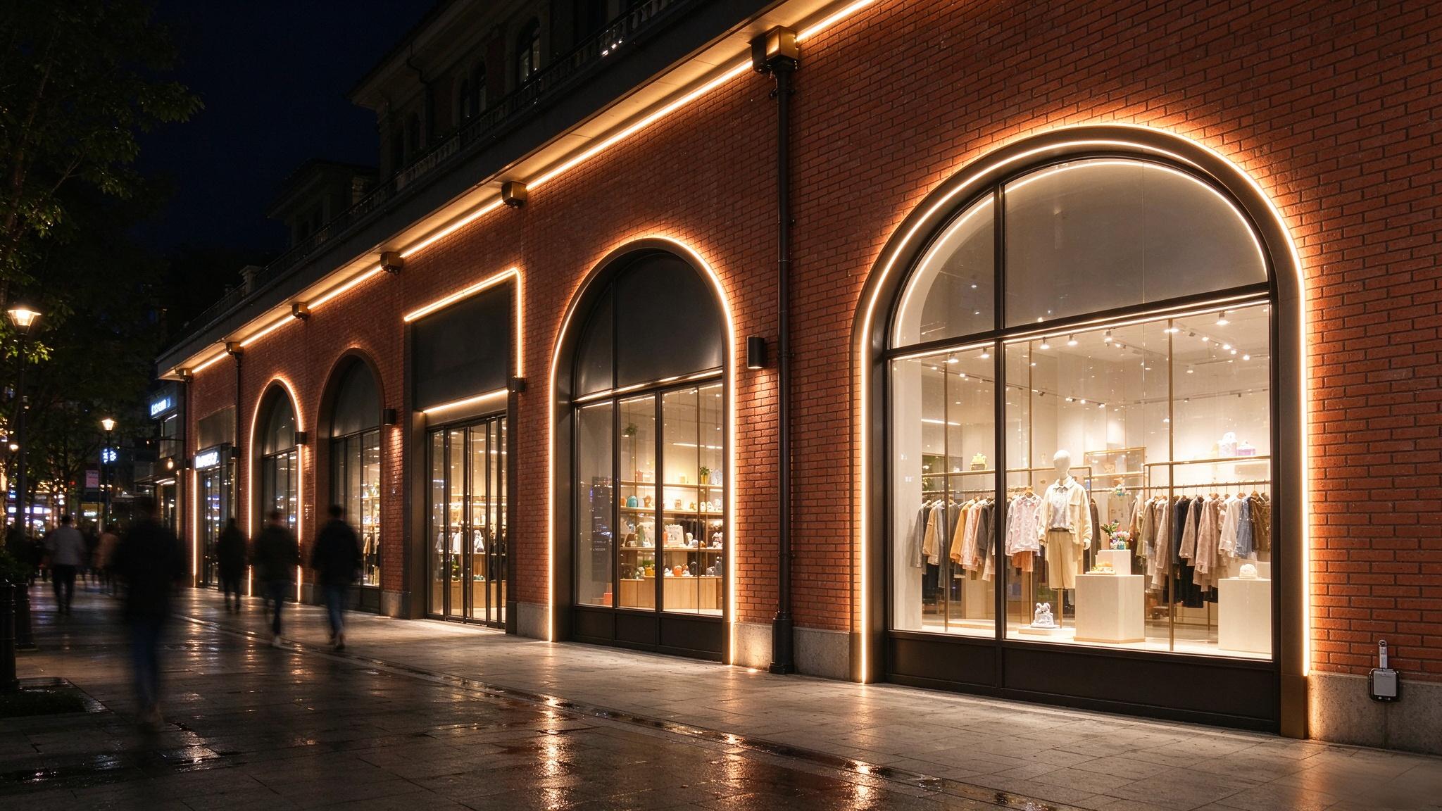 Neon Flex LED Strip for Architectural Facades Neon flex LED strip lighting outlining arched shop windows and a brick facade at night